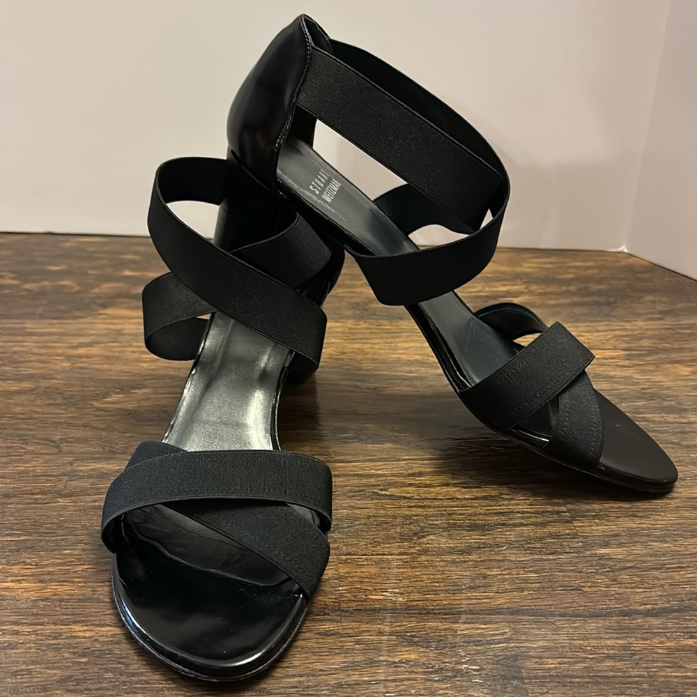 Stuart Weitzman Black Elastic Strap Sandals - Size 9.5N - Sleek and Comfortable!